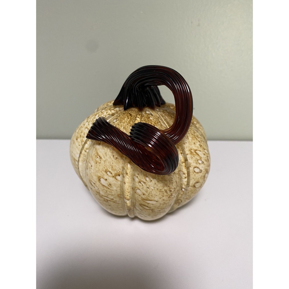 Hand blown Glass Pumpkin Neutrals Brown Amber Yellow Speckled Excellent! - Picture 6 of 8